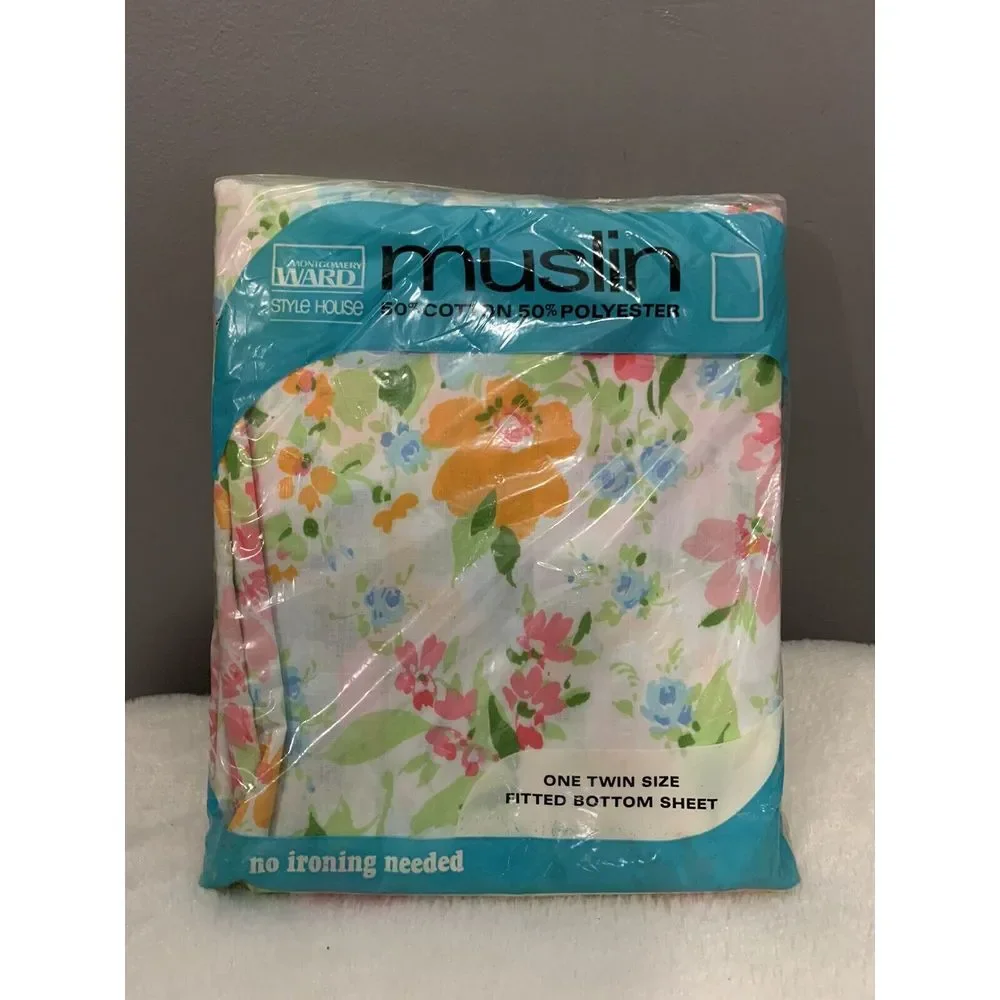 Vintage Montgomery Ward Muslin Twin Fitted Sheet Flower‎ Garden